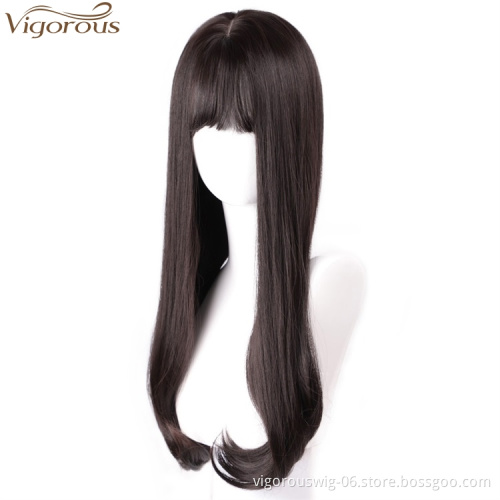 Vigorous Natural Straight Hair Wigs for Black Women Black Brown Synthetic Wigs with Blunt Bang Middle Part Heat Resistant Wig